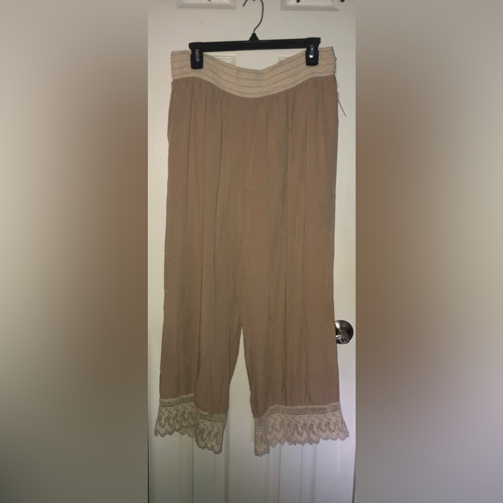 Boho Lace-Trim Wide Leg Pants - Beige
